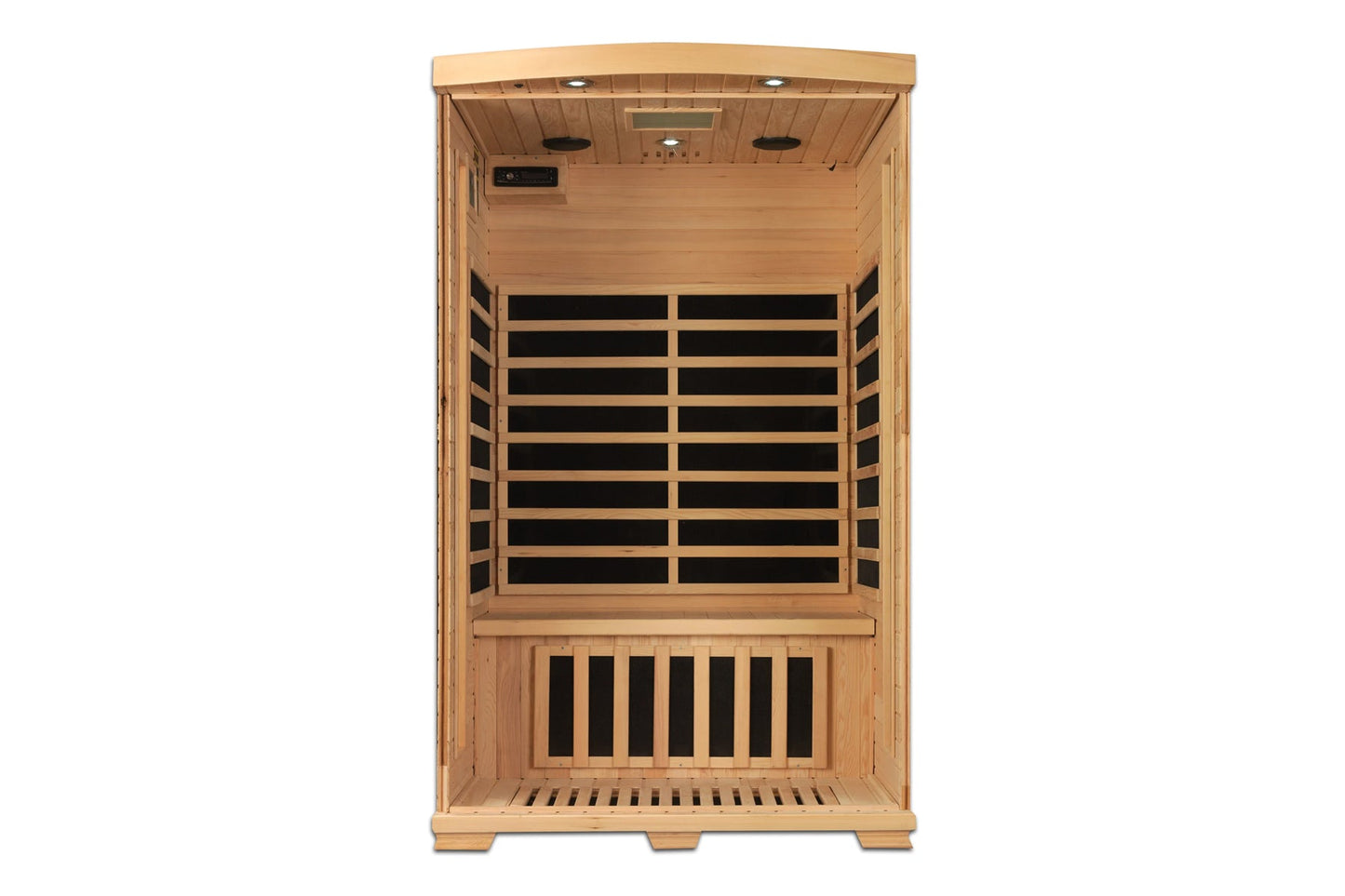 Two-person far infrared sauna with natural wood construction, black carbon heaters, digital control panel, and bench seating,