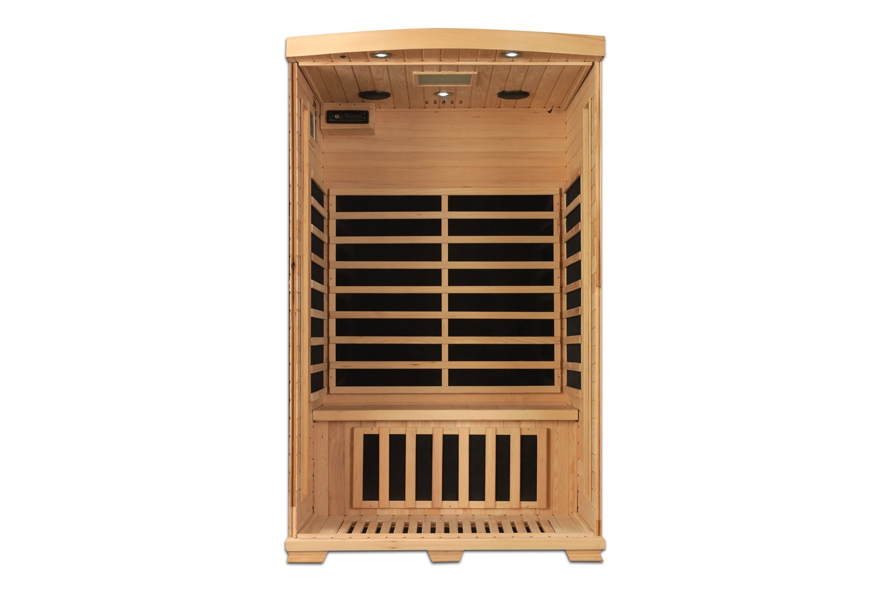 Two-person far infrared sauna with natural wood construction, black carbon heaters, digital control panel, and bench seating,