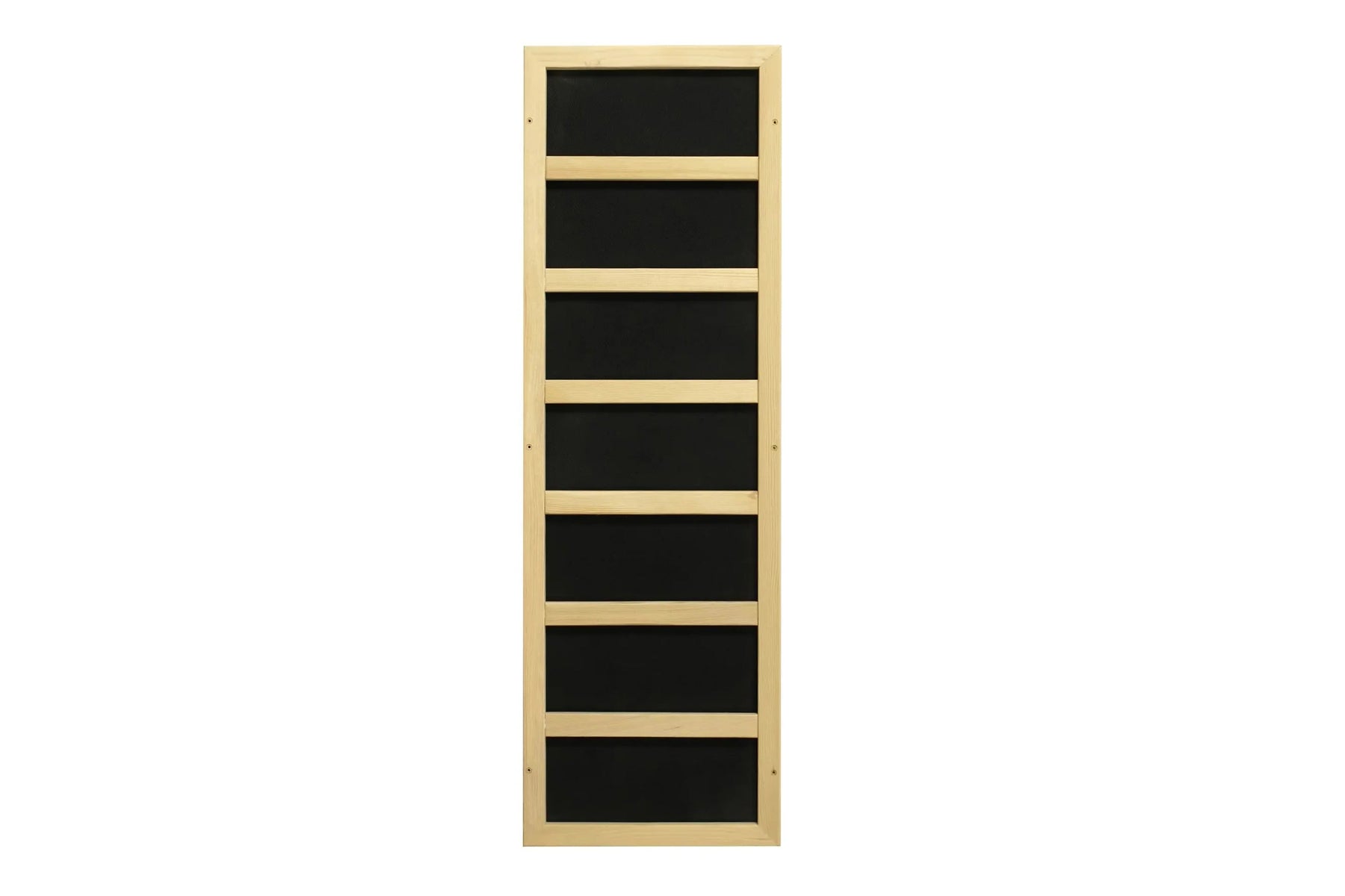 Natural wood framed sauna with seven black glass panels separated by light wood dividers, viewed from the front on white back