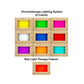 Chromotherapy lighting system with 9 color options in natural wood frame displaying yellow, green, magenta, white, blue, red,