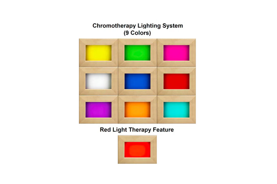 Chromotherapy lighting system with 9 color options in natural wood frame displaying yellow, green, magenta, white, blue, red,