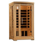 Cedar wood 2-person infrared sauna with glass front door, wooden bench seating, and heated interior panels on white backgroun