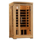 Two-person wooden infrared sauna cabin with cedar exterior, glass front doors with wooden frame dividers, and black interior 
