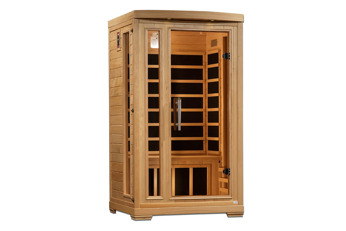 Two-person wooden infrared sauna cabin with cedar exterior, glass front doors with wooden frame dividers, and black interior 
