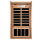 Far infrared sauna cabin with light wood frame, dual glass doors with black infrared heating panels and wooden dividers, infr