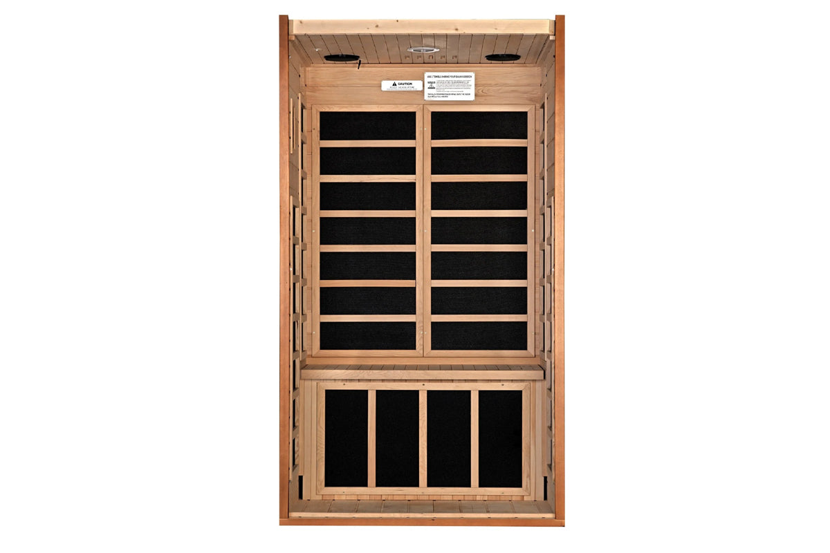 Far infrared sauna cabin with light wood frame, dual glass doors with black infrared heating panels and wooden dividers, infr
