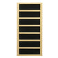 Natural wood frame sauna with seven black fabric panels separated by light wood dividers, front view on white background
