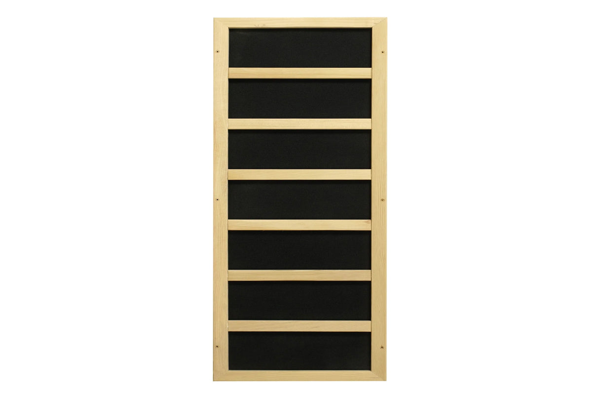 Natural wood frame sauna with seven black fabric panels separated by light wood dividers, front view on white background