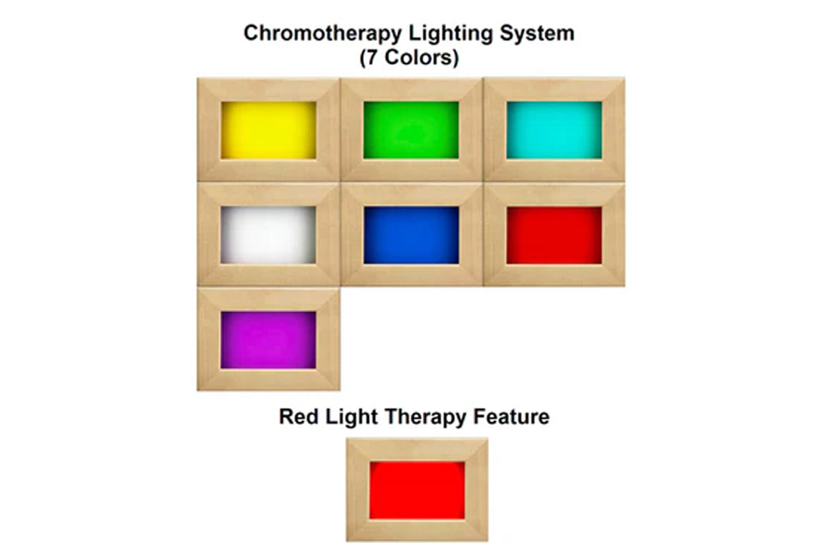 Chromotherapy lighting system with seven color options in wooden frames arranged in grid: yellow, green, cyan, white, blue, r