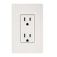 White wall-mounted electrical outlet with two stacked receptacles on light gray background