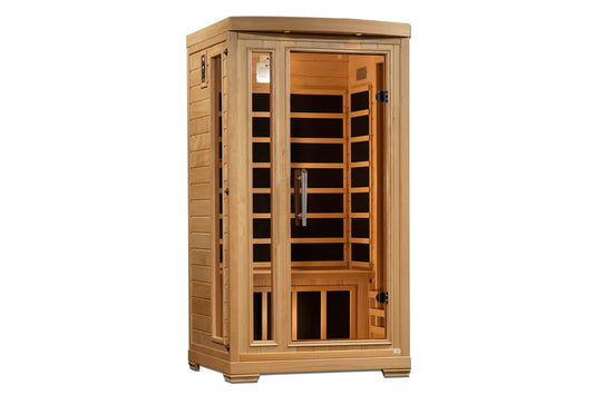 Natural wood infrared sauna cabin with glass front door, wooden bench seating, and metal handle on white background