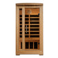 Light wood infrared sauna cabin with glass door, interior benches, and control panel on white background