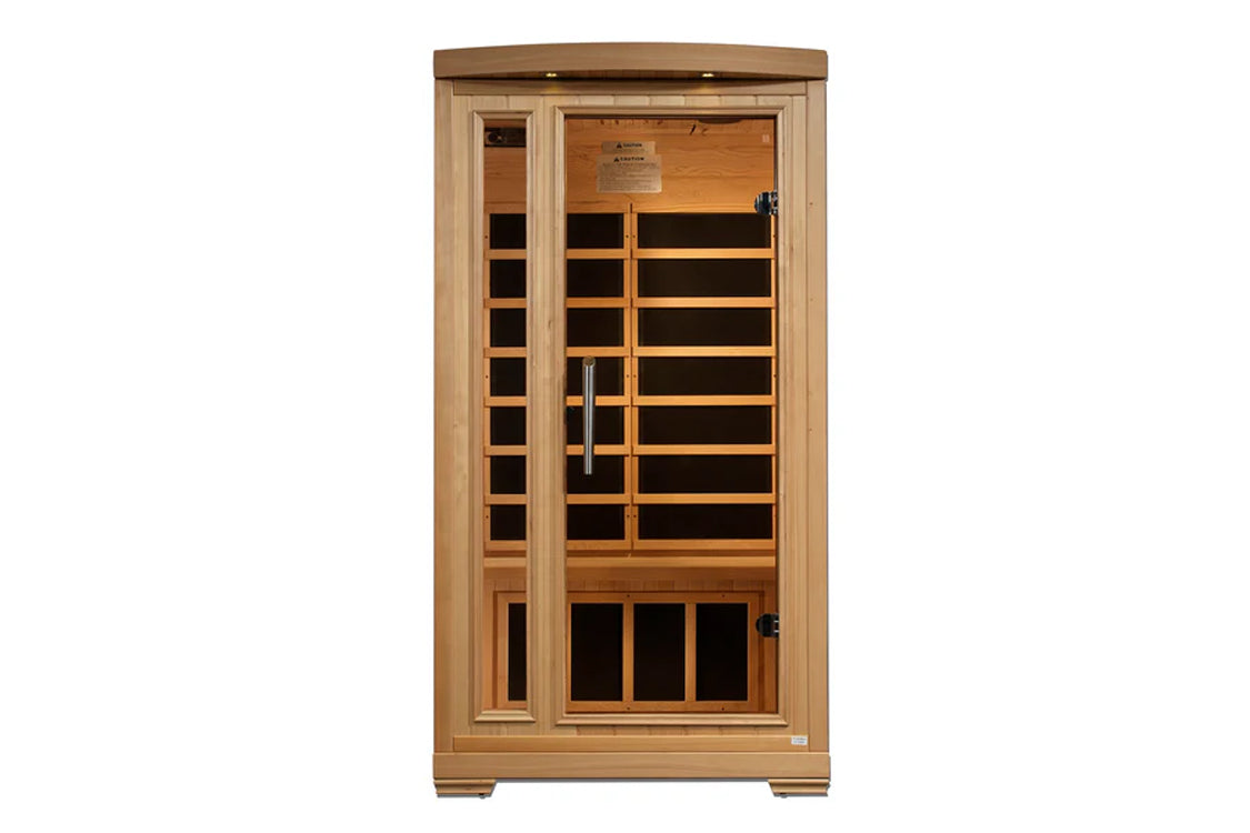Light wood infrared sauna cabin with glass door, interior benches, and control panel on white background