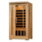 Natural wood far infrared sauna with glass door, wooden bench seating, and black heating panels visible inside on white backg