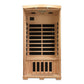 Natural cedar wood infrared sauna cabin with glass front door, black heating panels, control panel, and interior bench seatin