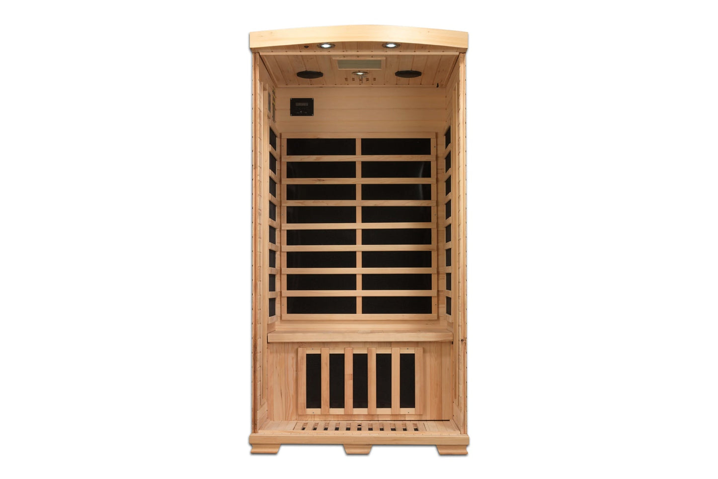 Natural cedar wood infrared sauna cabin with glass front door, black heating panels, control panel, and interior bench seatin