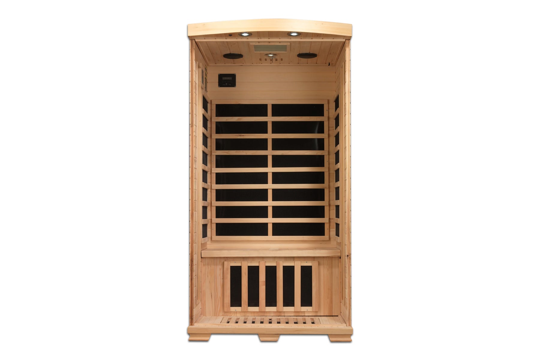 Natural cedar wood infrared sauna cabin with glass front door, black heating panels, control panel, and interior bench seatin