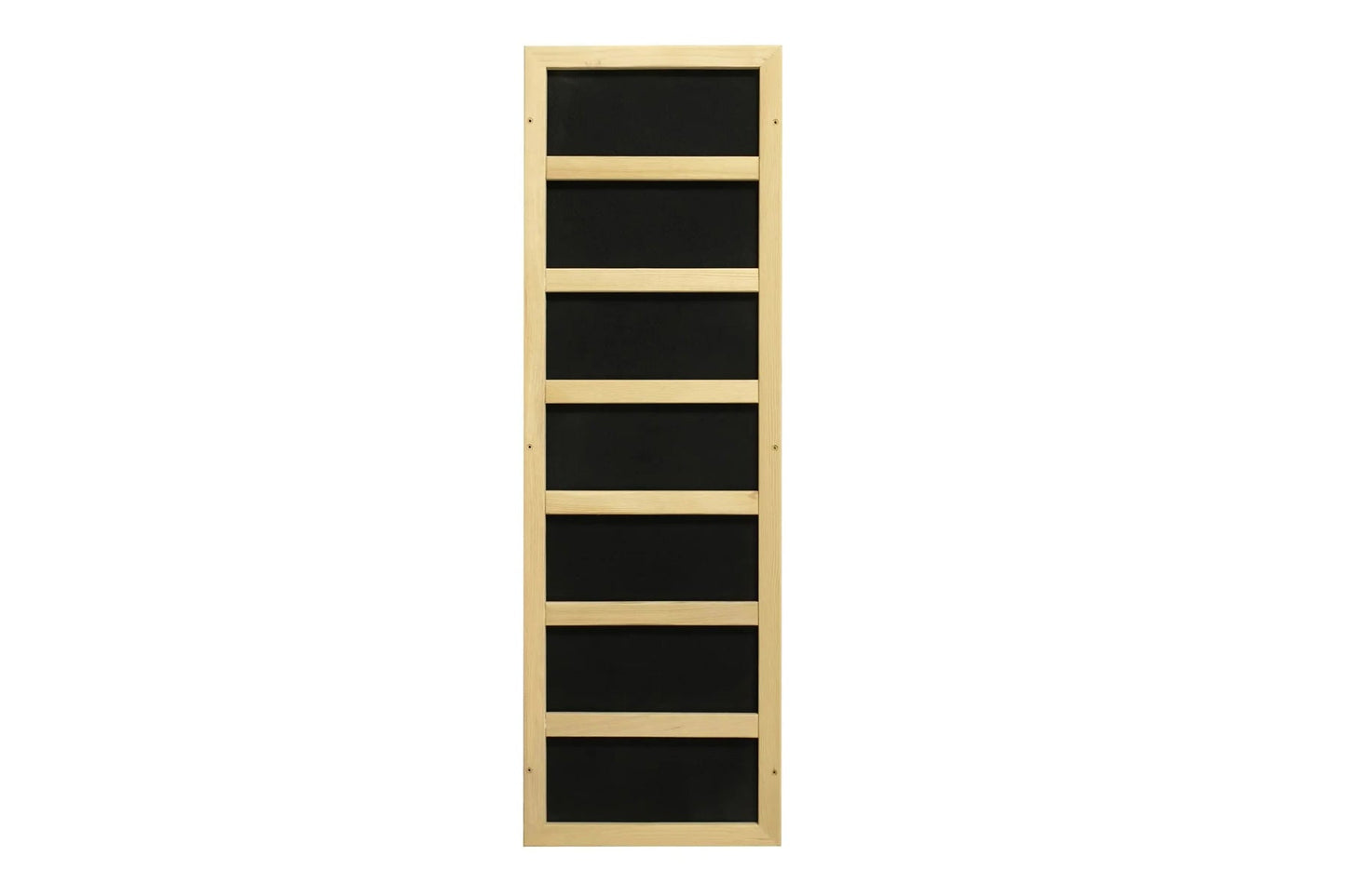 Natural wood framed sauna cabinet with seven black tempered glass panels separated by light wood dividers, front view on whit