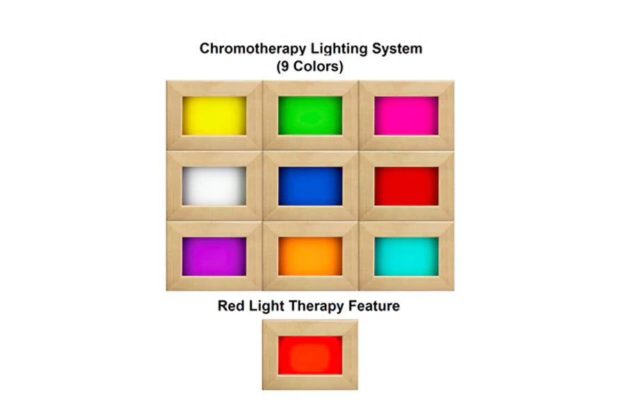 Chromotherapy lighting system with 9 color options in wood panel grid: yellow, green, magenta, white, blue, red, purple, oran