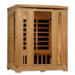 Natural wood sauna cabin with glass front door, infrared heating panels visible inside, wooden bench seating, and control pan