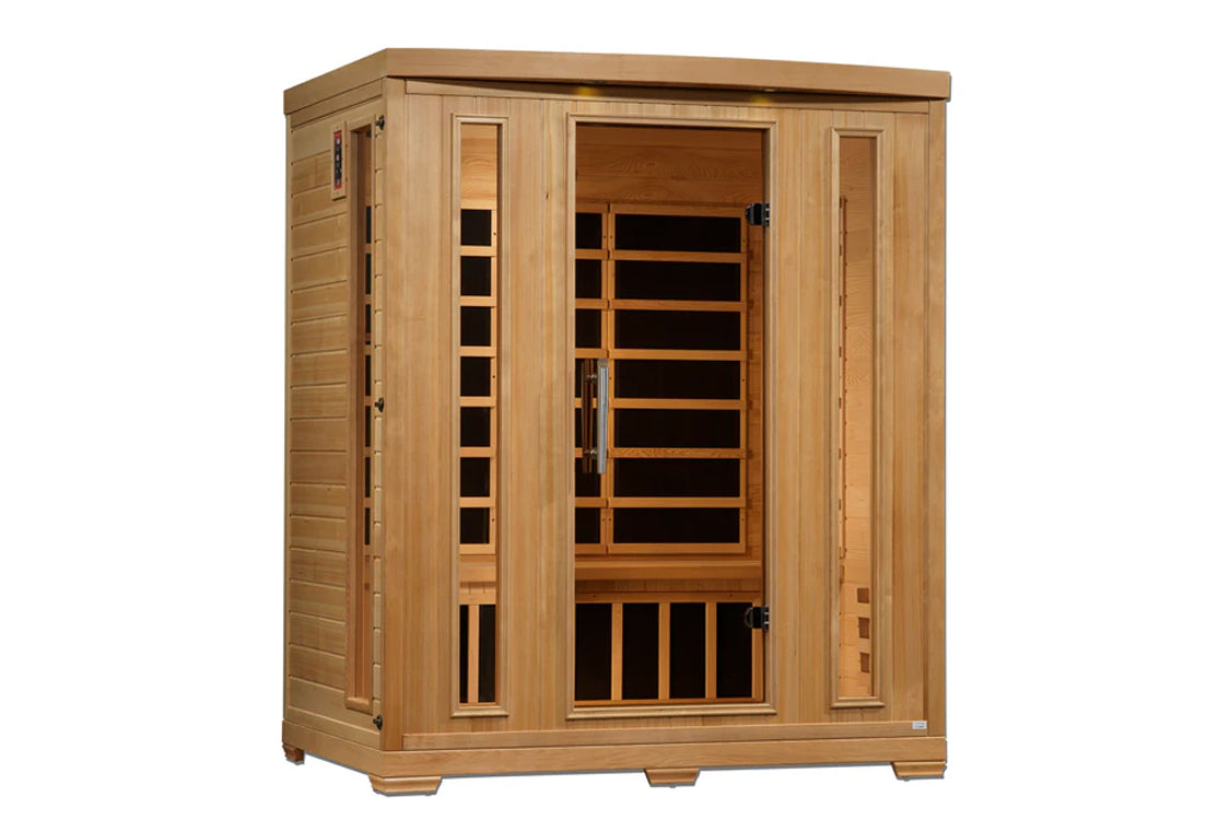 Natural wood sauna cabin with glass front door, infrared heating panels visible inside, wooden bench seating, and control pan