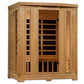 Natural cedar wood infrared sauna cabinet with glass front door, horizontal black heating elements visible inside, side bench