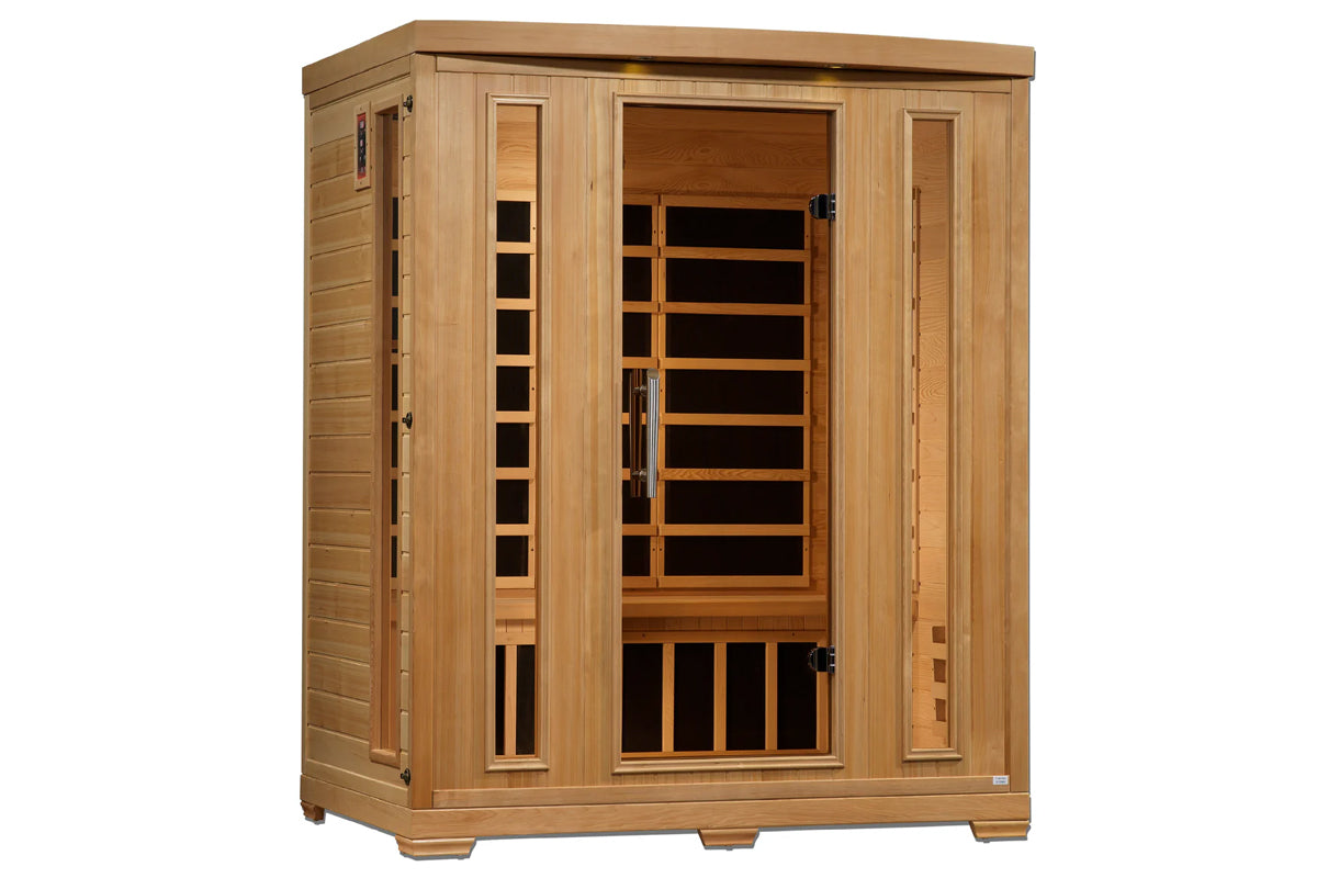Natural cedar wood infrared sauna cabinet with glass front door, horizontal black heating elements visible inside, side bench