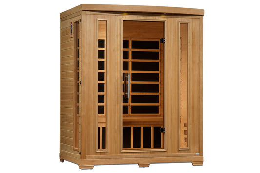 Natural cedar wood infrared sauna cabinet with glass front door, horizontal black heating elements visible inside, side bench