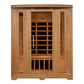 Wooden sauna cabinet with three-person capacity, cedar construction, front-facing glass door with wooden grid pattern, infrar