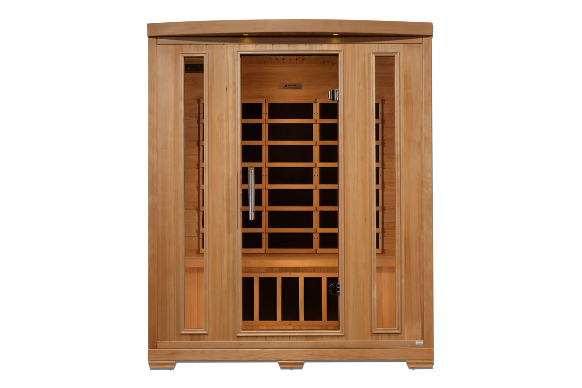 Wooden sauna cabinet with three-person capacity, cedar construction, front-facing glass door with wooden grid pattern, infrar