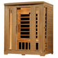 Natural wood 3-person infrared sauna with glass door panel, interior benches, and side windows on white background