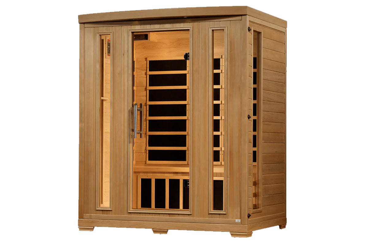 Natural wood 3-person infrared sauna with glass door panel, interior benches, and side windows on white background