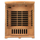 Cedar wood infrared sauna with black interior heater panels, open door view showing bench seating and ceiling lights on white