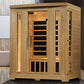 Natural wood infrared sauna cabin with glass door panel, wooden benches visible inside, and heating elements displayed on fro