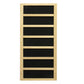 Light wood frame sauna panel with seven black horizontal sections separated by wooden dividers, on white background