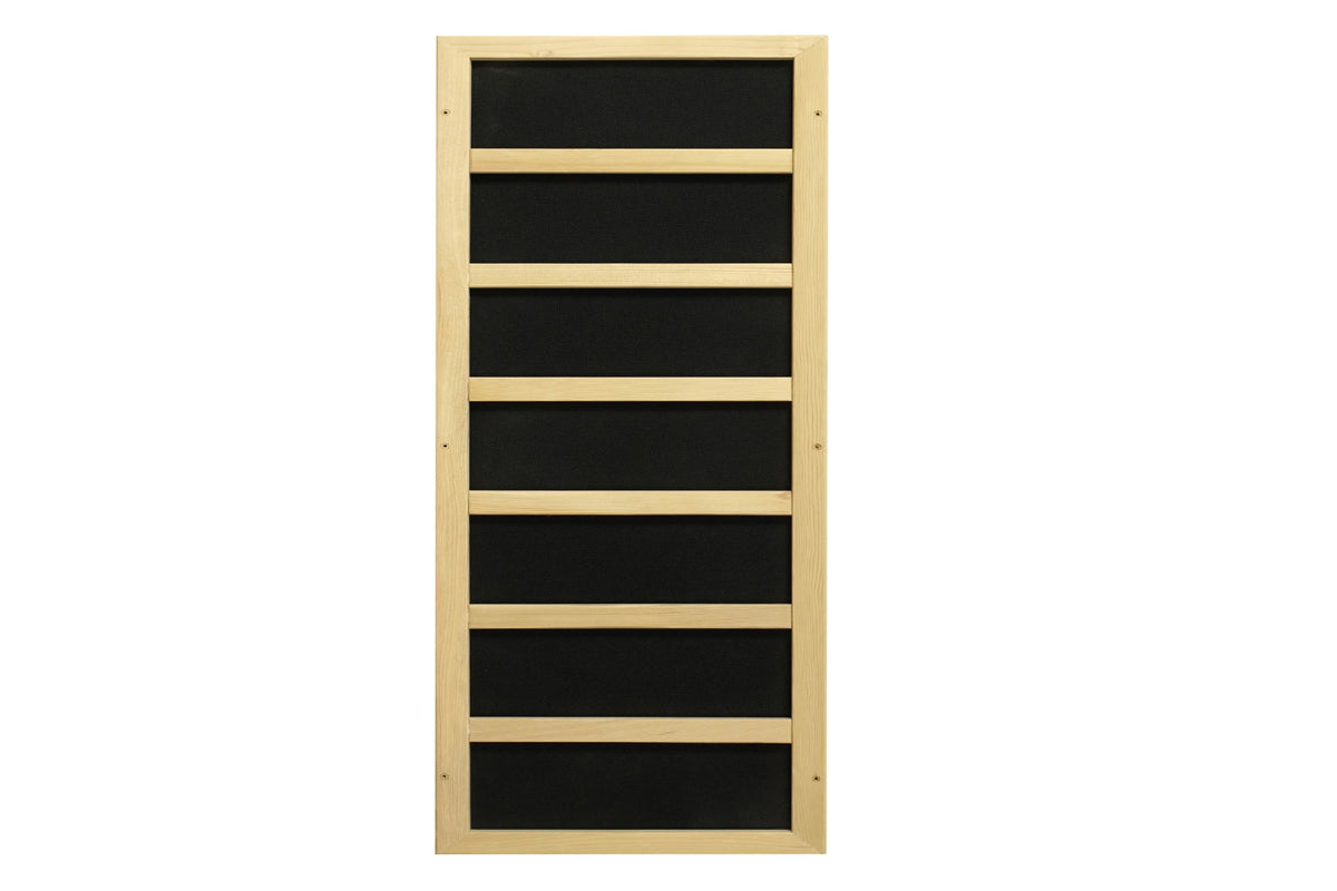 Light wood frame sauna panel with seven black horizontal sections separated by wooden dividers, on white background