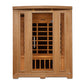 Natural cedar wood sauna with glass front door featuring wooden grid pattern, dark interior, and control panel on white backg