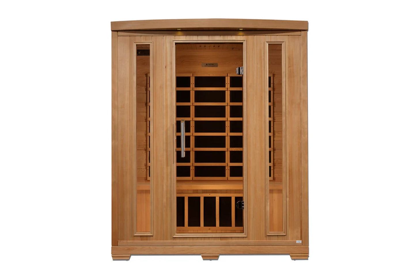 Natural cedar wood sauna with glass front door featuring wooden grid pattern, dark interior, and control panel on white backg