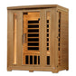 Natural wood three-person infrared sauna with glass door, interior cedar benches and black heating elements, on white backgro