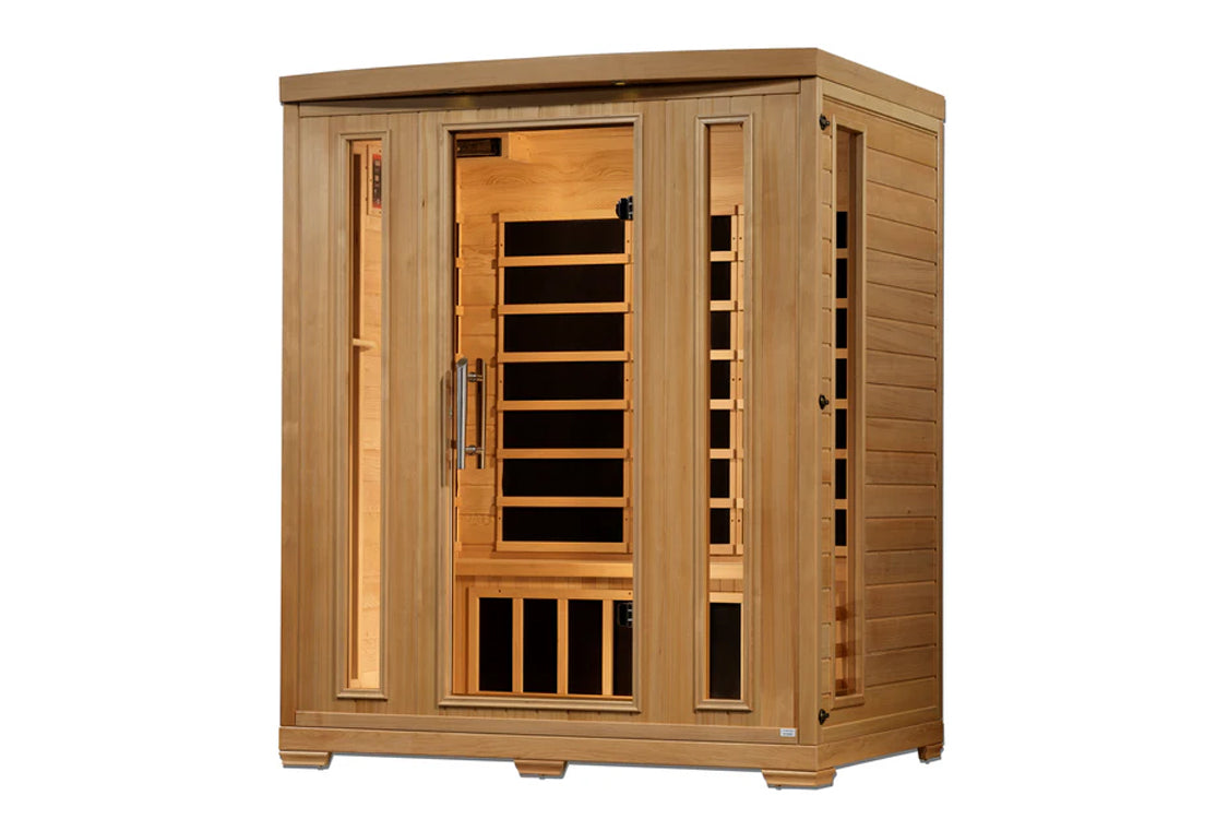 Natural wood three-person infrared sauna with glass door, interior cedar benches and black heating elements, on white backgro