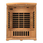 Natural wood infrared sauna cabin with glass front door, interior heating panels, and wooden bench seating, front view on whi