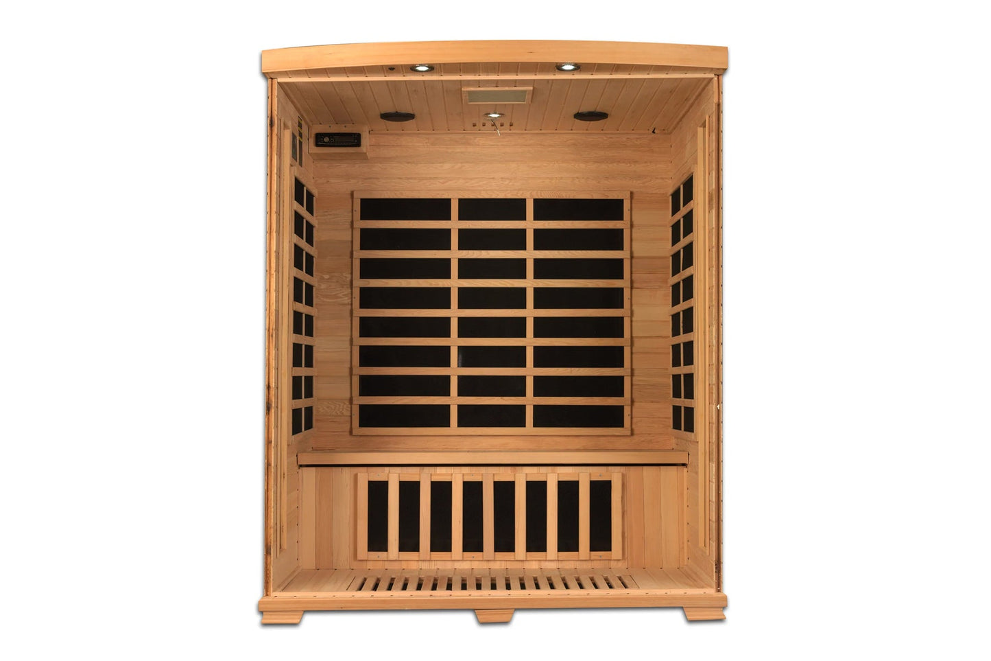 Natural wood infrared sauna cabin with glass front door, interior heating panels, and wooden bench seating, front view on whi