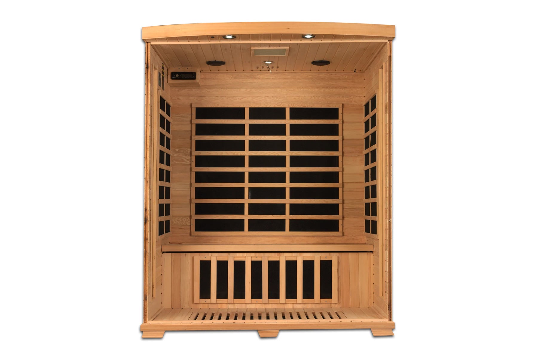 Natural wood infrared sauna cabin with glass front door, interior heating panels, and wooden bench seating, front view on whi