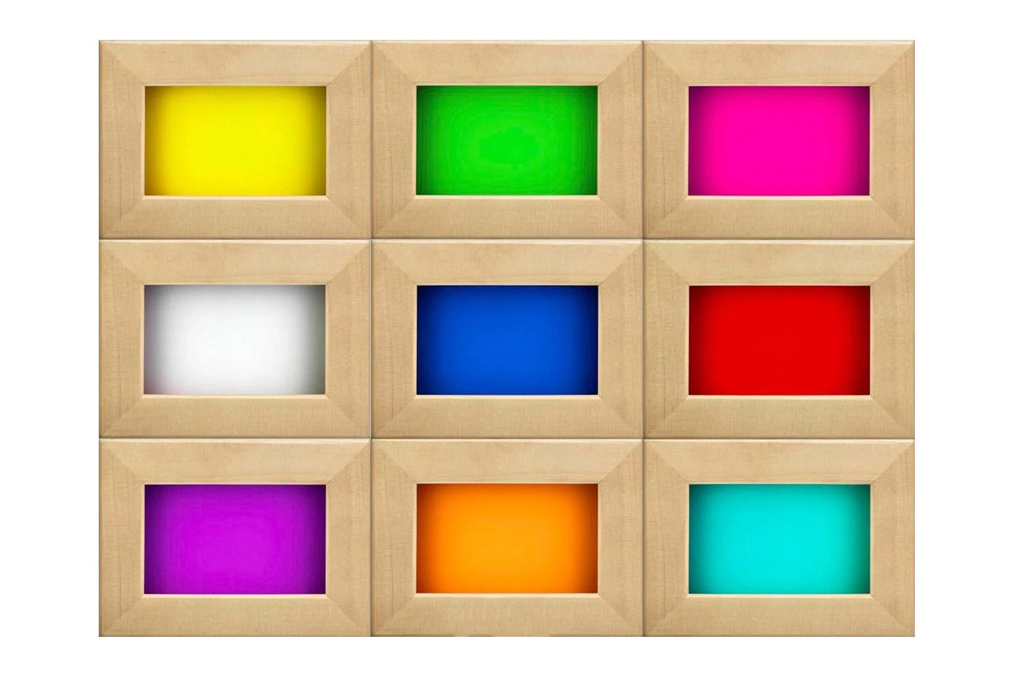 Nine wooden-framed color display boxes showing yellow, green, magenta, white, blue, red, purple, orange, and cyan options