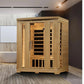 Natural wood 3-person infrared sauna cabin with glass door and infrared heater panels, displayed in modern bathroom setting