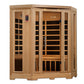 Pro 6 Rebecca 3-Person Corner Near Zero EMF Far Infrared Sauna — front view with tempered glass doors, carbon heater panels, and natural hemlock wood construction