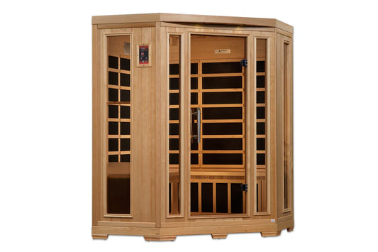 Pro 6 Rebecca 3-Person Corner Near Zero EMF Far Infrared Sauna — front view with tempered glass doors, carbon heater panels, and natural hemlock wood construction