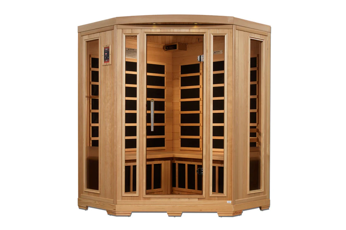 Pro 6 Rebecca 3-Person Corner Near Zero EMF Far Infrared Sauna — front-facing view with open glass doors showing carbon heater panels and hemlock wood interior