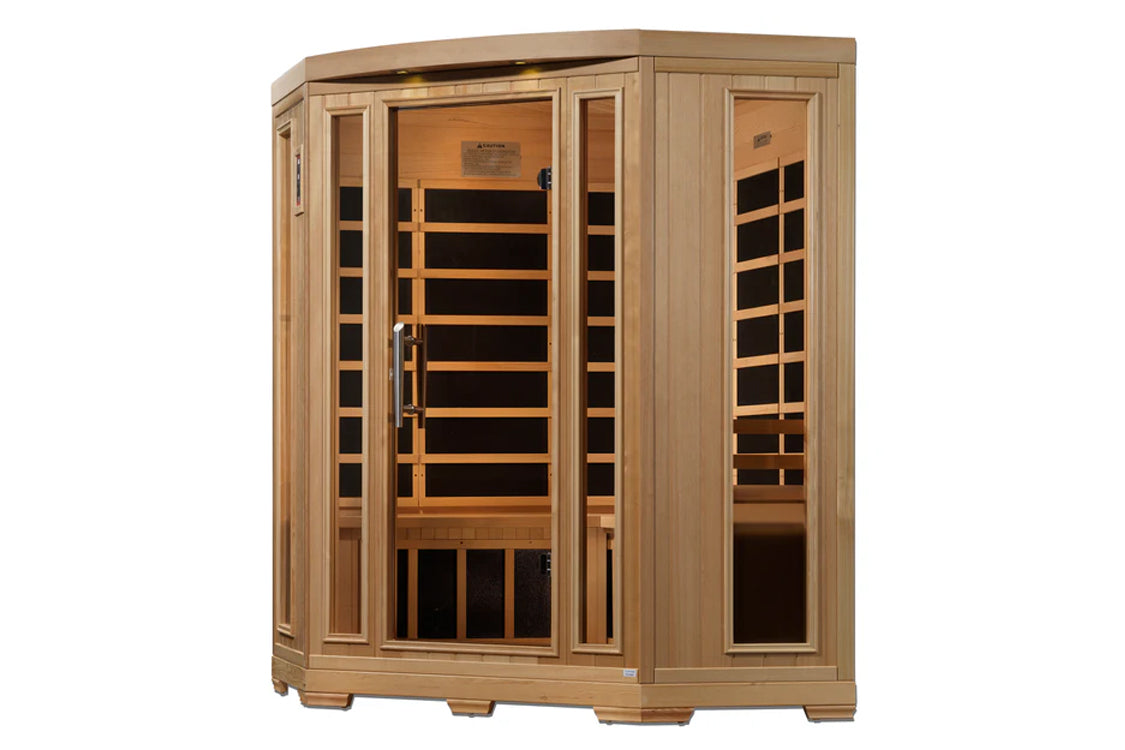 Pro 6 Rebecca 3-Person Corner Near Zero EMF Far Infrared Sauna — angled side view showing tempered glass door, carbon heater panels, and natural hemlock wood exterior