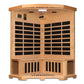 Pro 6 Rebecca 3-Person Corner Far Infrared Sauna — interior view showing carbon heater panels on back walls, ceiling speakers, control panel, and hemlock wood bench seating